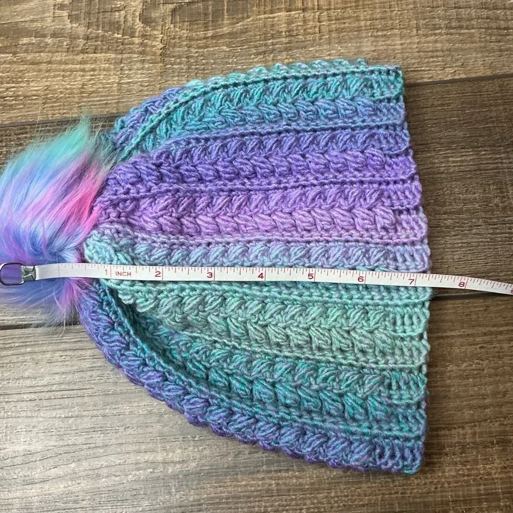 Handcrafted Crochet Winter Hat Blue Purple Snowy Wheat Knit Beanie with Pom Pom